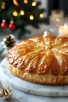 Traditional French galette des rois puff pastry cake with flaky golden crust on marble board against festive Christmas background with bokeh lights and ornaments.