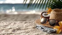 Beach vacation essentials with straw hat, sunglasses and sunscreen on tropical sand with palm fronds and ocean backdrop for summer holiday relaxation.