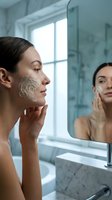 Young woman with dark hair and light skin applying clay or mud mask to her face in a modern bathroom with marble countertop and mirror, skincare routine and beauty treatment.
