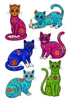 Colorful decorative cats with ornamental floral patterns in vibrant purple, blue, turquoise, and green. Isolated clipart suitable for t-shirts, textiles, and design projects.