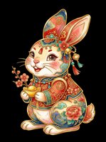 Decorative Asian rabbit figurine with ornate red and gold robes, holding coins and flowers, isolated on transparent background. Ready for t-shirt design, clipart, stickers, print-on-demand, and sublimation projects.