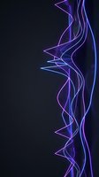 Neon glowing lines and geometric shapes in purple and blue create an abstract flowing design on dark background, suitable for modern digital art and tech projects.