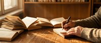 Person in cozy sweater writing notes while studying with open books on wooden desk in warm library setting for education and learning concepts.