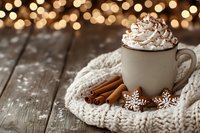Warm mug of hot chocolate topped with whipped cream and cinnamon sticks, surrounded by knitted fabric and golden bokeh lights on rustic wooden surface for holiday beverage photography.