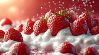 Fresh ripe strawberries on whipped cream with water drops and soft bokeh lights on red background, macro food photography for dessert menu.