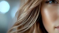 Close up portrait of young caucasian woman with blonde hair against blurred bokeh background, showing partial face with soft natural makeup and glowing skin.