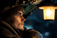 Young Caucasian man in winter coat and beanie looking up thoughtfully at night, illuminated by warm lantern light against dark rainy background, creating moody atmosphere.