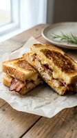 Golden grilled cheese sandwich with crispy bacon on rustic wooden table, comfort food lunch meal ready to eat for restaurant menu or food blog content.