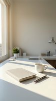 Minimalist workspace with natural light streaming through window, featuring white desk, closed notebook, pen, ceramic mug, potted plant, and desk lamp for creative work and productivity.