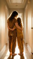 Mother and daughter embracing in warm sunlit hallway wearing matching brown pajamas creating intimate family bonding moment at home.