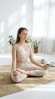 Young woman of mixed ethnicity in lotus position practicing meditation and mindfulness in bright, minimalist home interior with plants and natural light for wellness and lifestyle content.