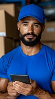 African American delivery worker in blue uniform holding smartphone in warehouse for logistics and shipping operations.