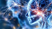 Glowing neural network visualization with profile silhouette showing brain activity, synapses and electrical impulses in blue and orange colors on dark background.