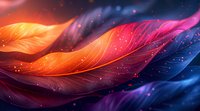 Vibrant feathers in orange, pink and purple float against dark cosmic background with glowing particles and magical light effects creating dreamy atmosphere.
