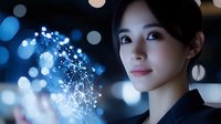 Young Asian businesswoman holding glowing digital network connection with bokeh lights background representing technology innovation and connectivity.