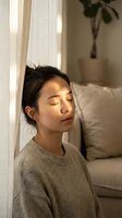 Young Asian woman relaxing with eyes closed in warm sunlight streaming through window in cozy bedroom interior for wellness and mindfulness concepts.