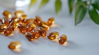 Omega-3 fish oil capsules scattered on white surface with green leaves, dietary supplements for health and wellness nutrition support.