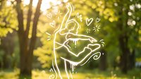 Young couple embracing in sunny park with decorative doodle overlay hearts and swirls romantic love concept for wedding invitations greeting cards.