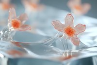 Delicate pink crystal flowers with coral centers float on rippling water surface creating dreamy ethereal atmosphere in soft pastel tones and gentle reflections.