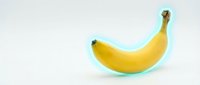 Fresh yellow banana with vibrant turquoise glow effect isolated on white background, suitable for food packaging, healthy eating campaigns, and nutritional content design.