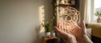 Hands holding glowing geometric sphere with interconnected lines in modern living room representing network connections, technology concepts and digital innovation.