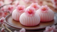 Delicate pink fluted desserts topped with cherry blossoms arranged on wooden plate, perfect for spring celebrations and elegant pastry presentations.