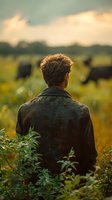 Young Caucasian farmer in leather jacket observing cattle grazing in meadow at golden sunset, back view through wild plants and grass in rural countryside.