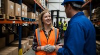 Smiling blonde female warehouse worker in orange safety vest talking with male colleague in blue uniform in modern distribution center with shelved inventory.