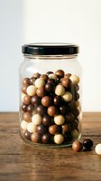 Glass jar filled with assorted chocolate candy balls in milk, dark and white varieties on rustic wooden table for confectionery and sweet treat concepts.