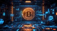 Glowing golden bitcoin symbol floating in futuristic digital space with blue technological interface, financial charts and data visualization elements in dark environment.