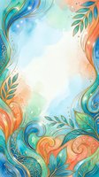Watercolor floral frame with gold swirls, teal leaves, and coral accents on a soft pastel background with copy space for text.