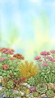 Watercolor succulent garden with pink blooming flowers, green and yellow plants, rocks, and soft pastel sky, perfect for nature-themed prints.