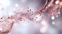 Delicate rose gold liquid splash with floating droplets and bokeh effect on soft pink background creates dreamy, ethereal atmosphere. For luxury cosmetic designs.