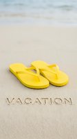 Yellow flip flops on sandy beach with vacation word written in sand, ocean waves in background, summer holiday travel concept.