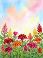 Colorful celosia garden watercolor painting with vibrant red, pink, yellow blooms and green leaves under a pastel sky.