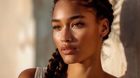 Young African American woman with braided hair in warm sunlight, natural makeup and glowing skin, looking confidently at camera. Artistic beauty portrait with soft shadows.