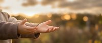 Open hands reaching out in warm golden sunlight with soft bokeh background creating peaceful spiritual moment for meditation and hope concepts.