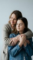 Loving mother embracing teenage daughter from behind in warm family moment showing maternal care and unconditional love between parent and child.