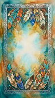 Watercolor feather frame with ornate border on textured background. Boho tribal design with colorful plumes in turquoise, orange, blue tones for greeting cards.
