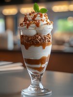 Layered caramel sundae with whipped cream, crushed nuts, mint garnish and drizzled sauce in tall glass. Sweet dessert with creamy vanilla ice cream and toffee layers.