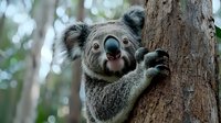 Smiling koala bear clinging to eucalyptus tree trunk in natural habitat, close-up portrait showing distinctive facial features and furry ears against blurred forest background.