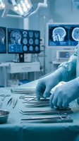 Surgeon hands in sterile gloves preparing surgical instruments in modern operating room with brain scan monitors for neurosurgery procedure.