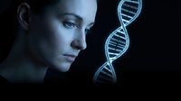 Young Caucasian woman scientist examining glowing DNA double helix structure in laboratory for genetic research and biotechnology studies.