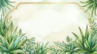 Watercolor botanical frame with aloe vera and succulents, gold border, soft green tones, copy space for text, wedding or natural cosmetics design.