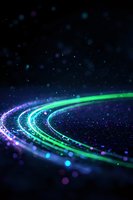 Glowing curved lines in neon green and blue colors against dark background with bokeh effect and particles creating magical cosmic atmosphere.