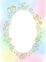 Pastel rainbow baby shower frame with golden line art toys, footprints, moon and stars on gradient background for newborn celebration invitations.