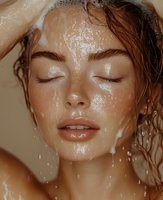 Young Asian woman with closed eyes and gentle smile enjoying shower with water drops streaming down face, expressing serenity and freshness in warm lighting.