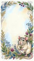 Watercolor rat with floral border frame holding clover leaf surrounded by botanical elements berries flowers on light background for greeting cards.