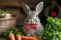 Gray bunny wearing red checkered bow tie sits among fresh carrots and garden vegetables. Adorable pet rabbit portrait with rustic basket and herbs for Easter or spring.