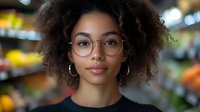 Young African American woman with natural curly afro hair and glasses smiling confidently in grocery store. Professional portrait with soft bokeh background for business or lifestyle content.